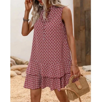 2025 Elegant Women's Casual Loose Ruffle Mini Dress Summer Bohemian Printed V-neck Lace-up Small Flying Sleeve Dresses For Women Red