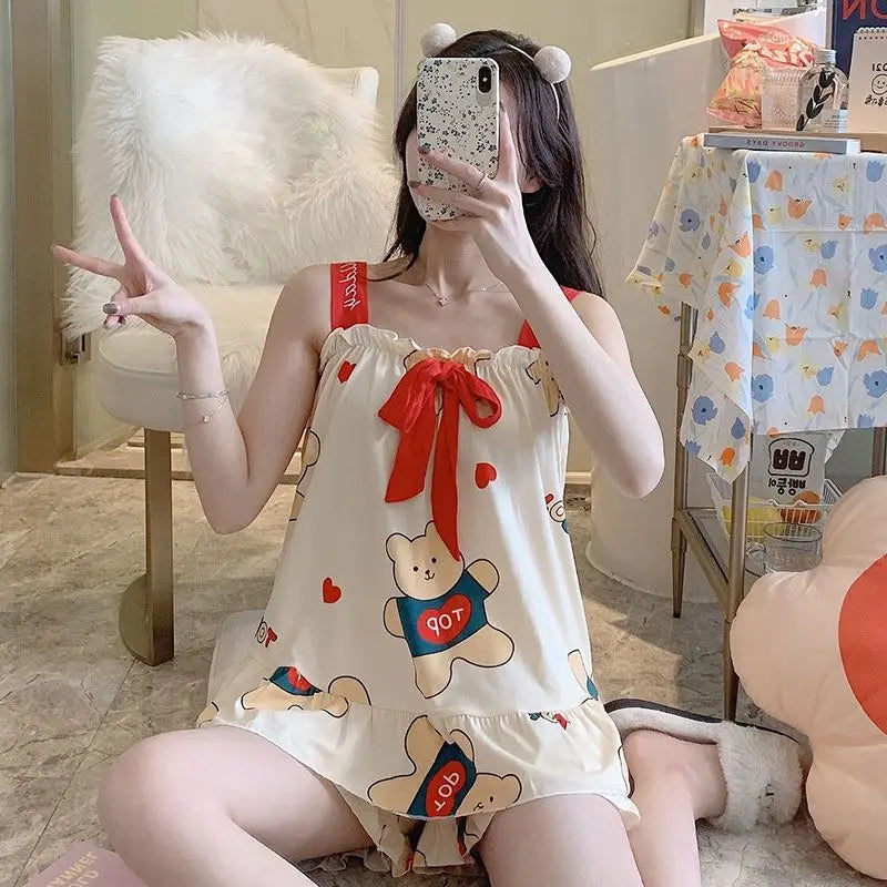 Pajamas Set for Women Sexy Home Clothing Sleepwear Tank Top Suit Shorts Cute Underwear Soft Nightwear Sleeveless Lace Loungewear 009 CHINA