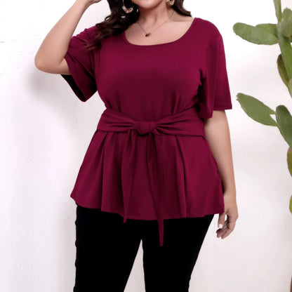 Plus size top women's short sleeve round neck belted t-shirts spring summer ladies casual T-shirt tops solid color pullover Wine