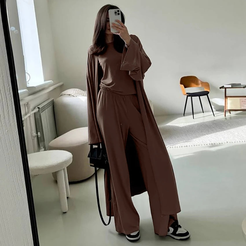 Hiloc Elegant Knit 3 Piece Sets Summer Casual Loose Sleepwear Street Chic Elastic Waist Pants Fashion Long Sleeve Shirts 2025 Brown