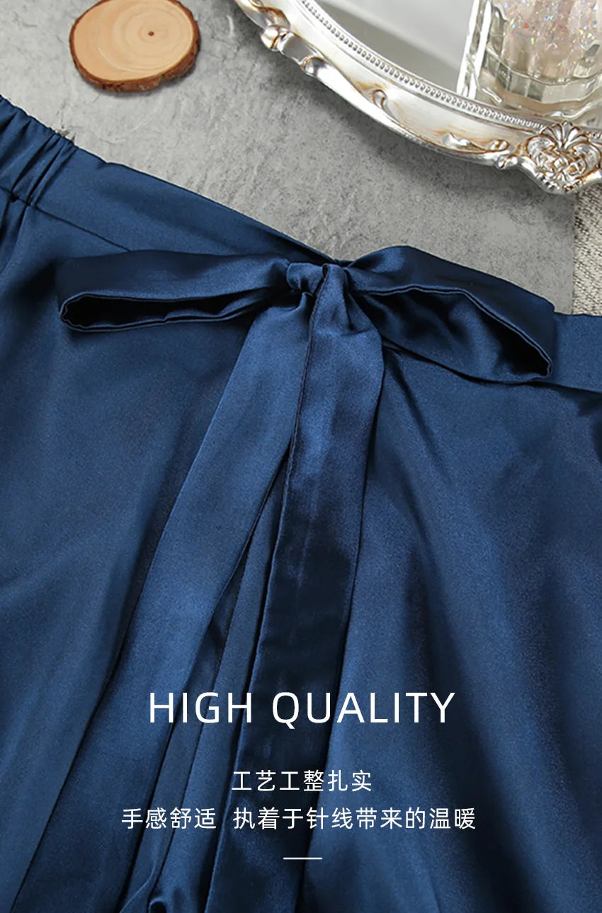 Shorts Nightgown Three-piece Set, Imitation Silk, Loungewear, Feather Pajamas