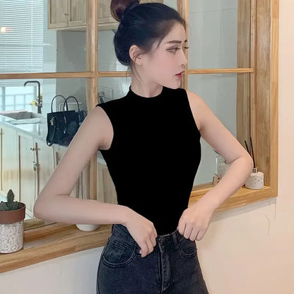 Women's Sleeveless Half Polo Turtle Neck Tank Top Fashionable Inner Base Layer Outer Wear Trendy Southeast Asian