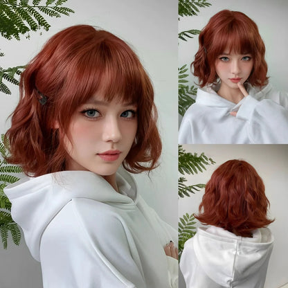 Allbell Magique Short Wavy Wig Bob Curly Wig With Bangs Dirty Orange Lolita Wigs Natural Synthetic Wig For Woman Heat Resistant SWLC1238-4BL10 CHINA