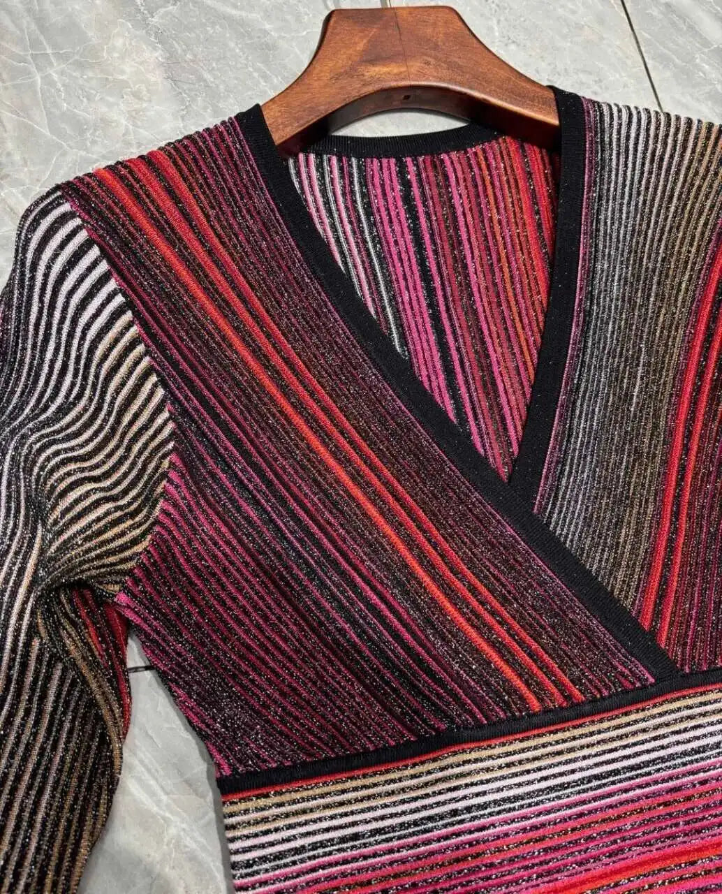 QMQA Fashion Women's Gradient Stripes Design Dresses V Neck High Waist Long Sleeve Elegant Party Dress Female Spring New 1A116 Badiee Stylez