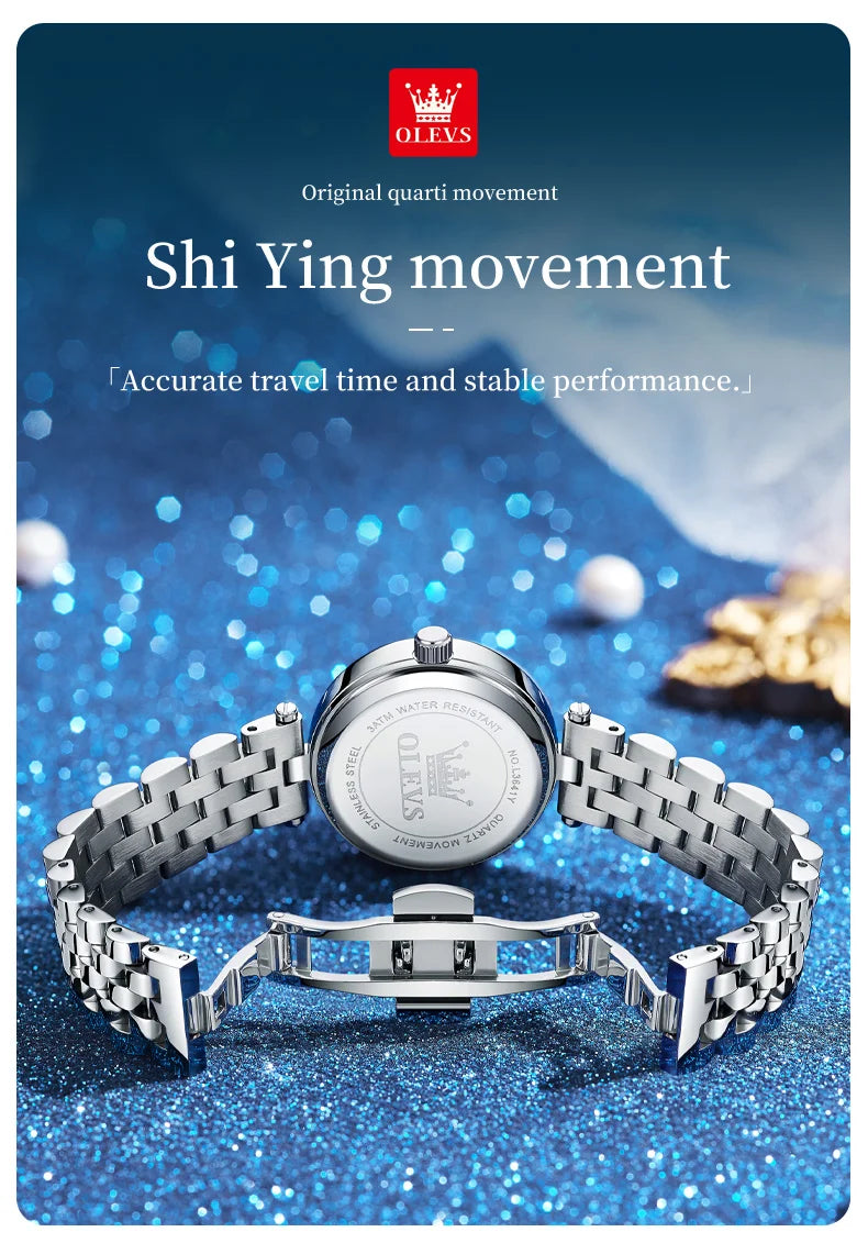 OLEVS 3641 Womens Watch Original Elegant Quartz Watch Waterproof Luminous Stainless Steel Starry Dial Ladies Watch With Box Gift