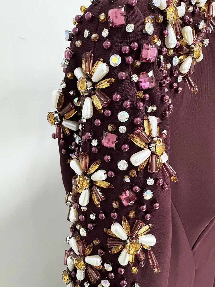 QMQA Fashion Women's Evening Dress Bead Diamond Spliced V Neck Long Sleeve High Waist Maxi Party Dresses 2025 Spring New QM324 Badiee Stylez