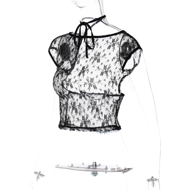 Hugcitar Mesh Short Sleeves Backless Black Lace Up See Through Sexy Crop Top T-Shirt 2024 Spring Women Y2K Streetwear Nightclub