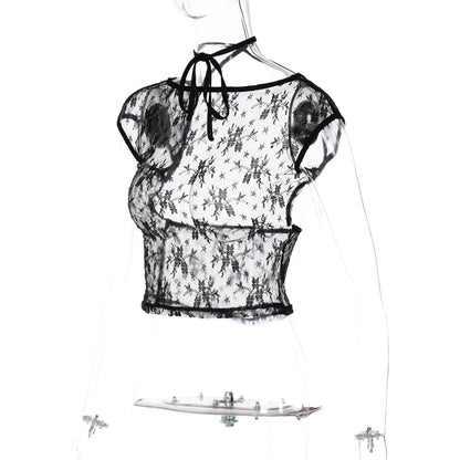 Hugcitar Mesh Short Sleeves Backless Black Lace Up See Through Sexy Crop Top T-Shirt 2024 Spring Women Y2K Streetwear Nightclub