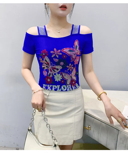 New Arrival Summer European Clothes Women's T-Shirts Chic Luxury Butterfly Hot Diamonds Tees Sexy Girl Slim Streetwear Tops
