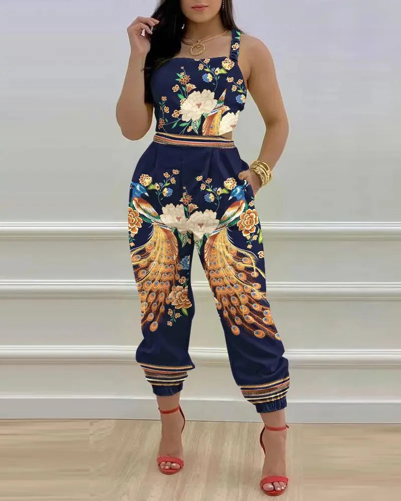 New Summer Fashion Printed Sleeveless Jumpsuit Sexy Hollow Backless Lace Up Long Jumpsuits Elegant Casual Jumpsuit With Pocket Badiee Stylez