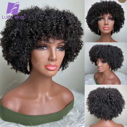 Short Pixie Cut Human Hair Wig With Bangs Brazilian Remy Afro Kinky Curly Bob Wig 180 Density Glueless For Black Women LuffY Natural Color 180 Density