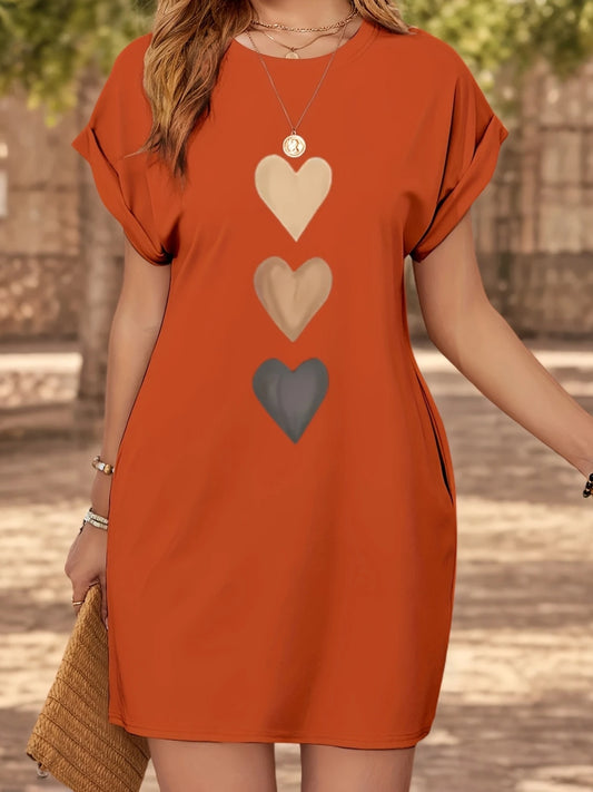 Women'S Casual Knit TShirt Dress with Heart Print Crew Neck Short Sleeve Fashionable Top Black with Colorful Flag Design