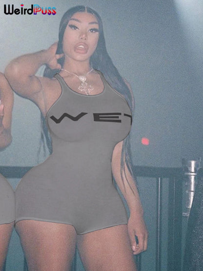 Weird Puss Letter Print Romper Women Low-Neck Sporty Casual Sleeveless Stretch Activity Skinny Playsuit Tight Short Overalls