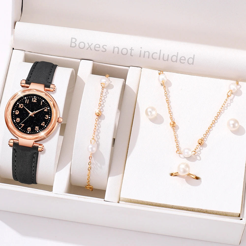 6PCS/Set Red Women's Watch With Minimalist Elements Dial Quartz Watch Latex Strap Cherry Elements Jewelry Set Girl's Gift Badiee Stylez