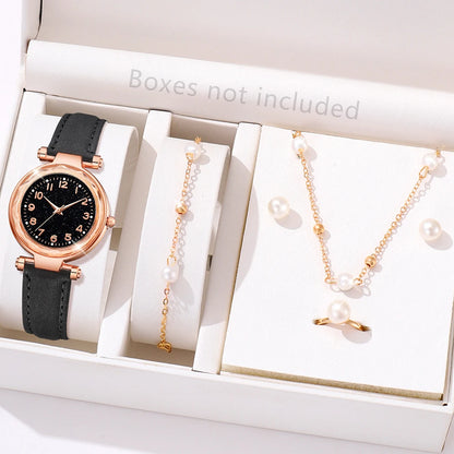 6PCS/Set Red Women's Watch With Minimalist Elements Dial Quartz Watch Latex Strap Cherry Elements Jewelry Set Girl's Gift Badiee Stylez