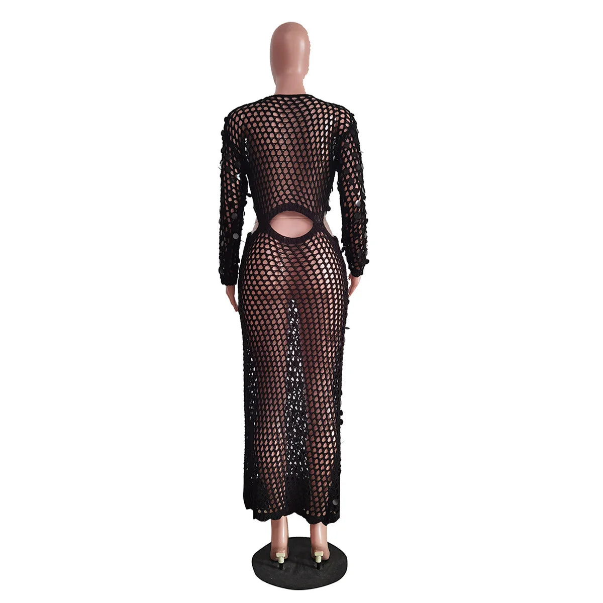 Joskaa Fishnet Knitting Hollow Sequins Maxi Dress Sexy See Through Holiday Long Sleeve Slim Summer 2023 Vacation Beach Dresses