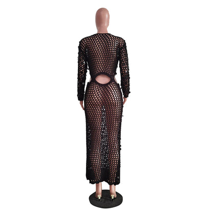 Joskaa Fishnet Knitting Hollow Sequins Maxi Dress Sexy See Through Holiday Long Sleeve Slim Summer 2023 Vacation Beach Dresses