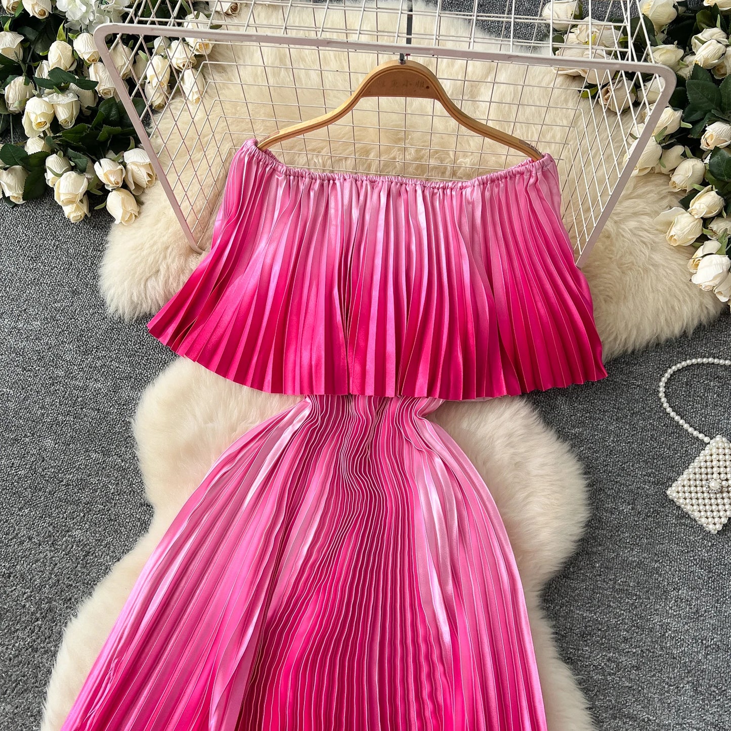 SINGREINY 2025 Gradient Party Long Dress Female Off Shoulder Elastic Waist A Line Sundress Vacation Luxury Pleated Maxi Dresses
