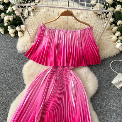 SINGREINY 2025 Gradient Party Long Dress Female Off Shoulder Elastic Waist A Line Sundress Vacation Luxury Pleated Maxi Dresses