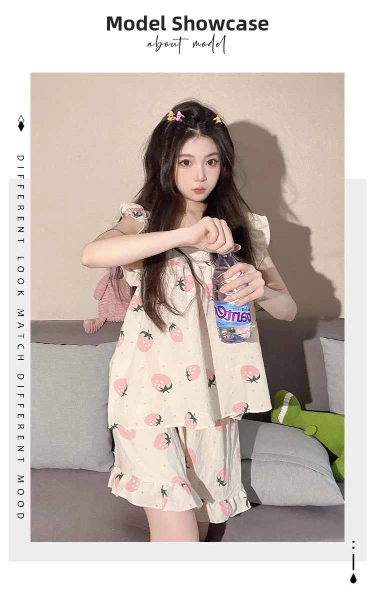 Summer Spwear Women's 2025 New Japanese Sle Fre Vest orts Woven Cotton Thin Home Clothes Set Sweet Print ort Pants