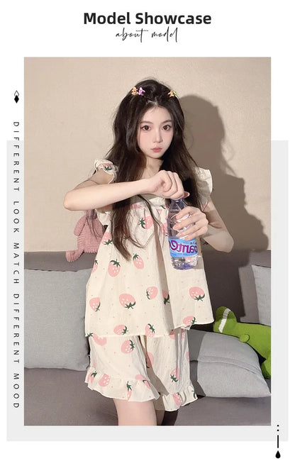 Summer Spwear Women's 2025 New Japanese Sle Fre Vest orts Woven Cotton Thin Home Clothes Set Sweet Print ort Pants