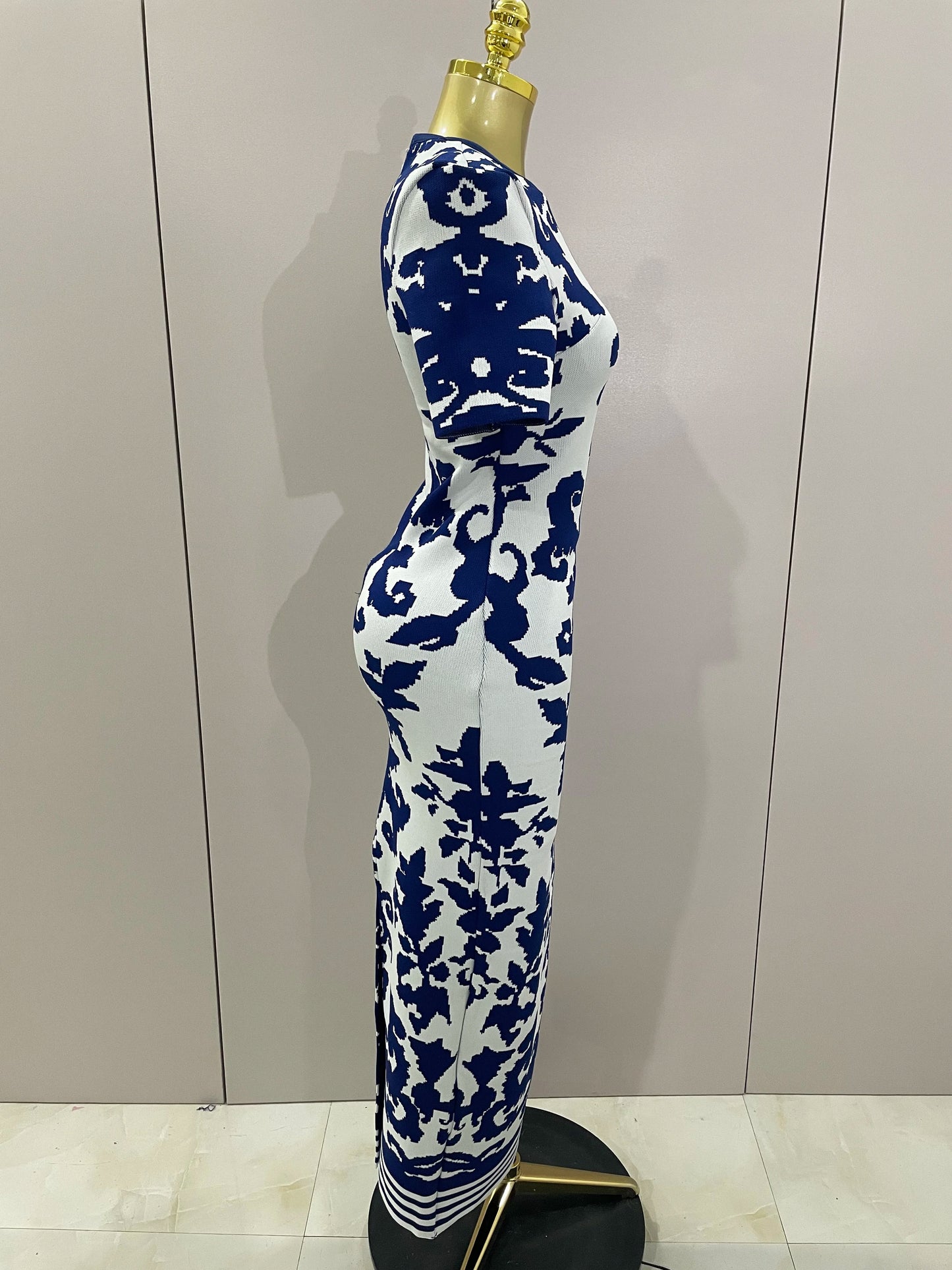 2025 New Sexy Short Sleeve Jacquard Blue Bandage Bodycon Long Dress Women Celebrity Elegant Evening Club Party Luxury Dresses