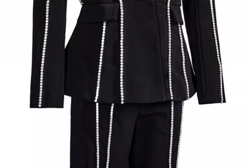 Designer Women Diamonds Hollow Out High Waist Slim Fit Blazers Top Straight Pants Two Piece Set Party Office Ladies Suits Set Badiee Stylez