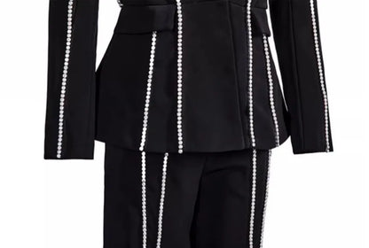 Designer Women Diamonds Hollow Out High Waist Slim Fit Blazers Top Straight Pants Two Piece Set Party Office Ladies Suits Set Badiee Stylez