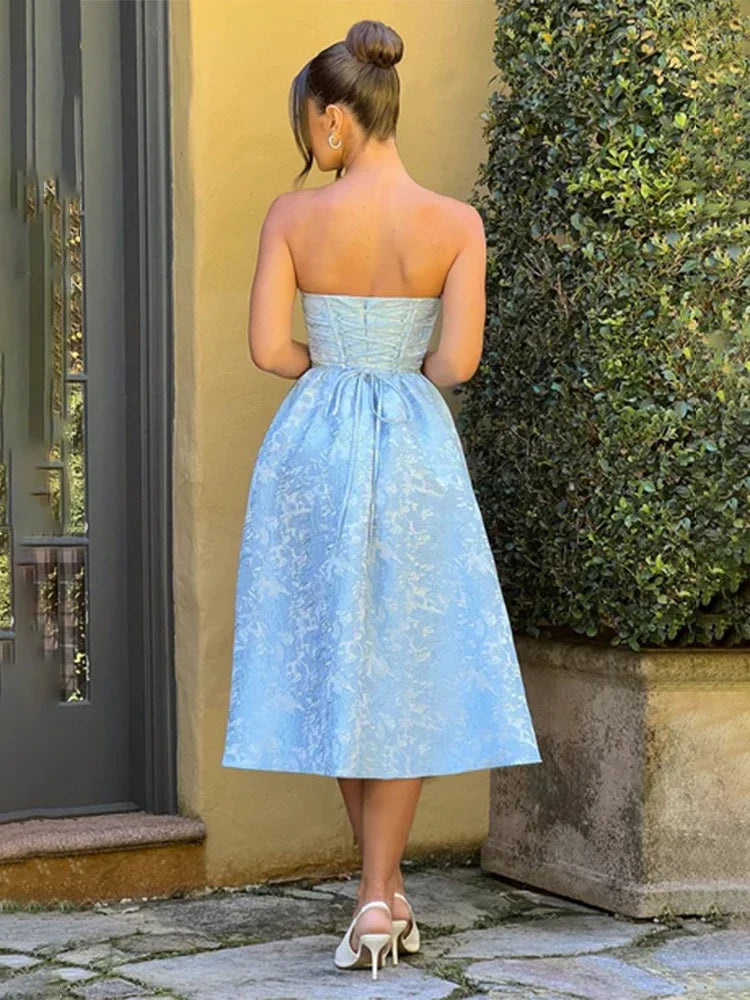 Strapless Backless Bodycon Sexy Dress Women  Elegant Evening Party Dress Jacquard Satin Long Summer Dress Vestidos Badiee Stylez