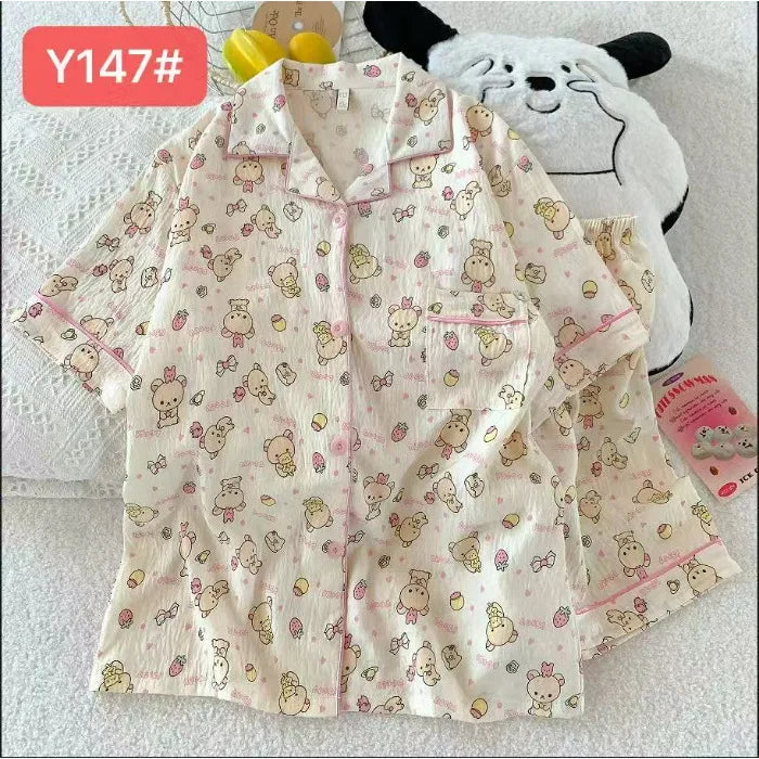 Cute Pink Cloud Cotton Spwear Bear Print Home Clothes Long Sve ort Sve Women's Comfortable Home Suit Summer Thin Y147