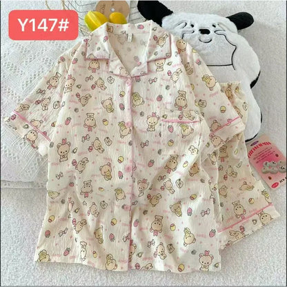 Cute Pink Cloud Cotton Spwear Bear Print Home Clothes Long Sve ort Sve Women's Comfortable Home Suit Summer Thin Y147