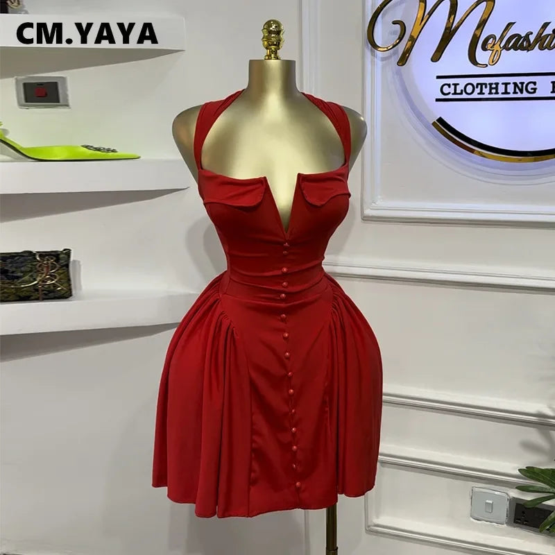 CM.YAYA Women Strapless Sleeveless Pleated Mini Dress 2025 Spring Sweet Sexy Birthday Evening Night Party Vestidos Dresses