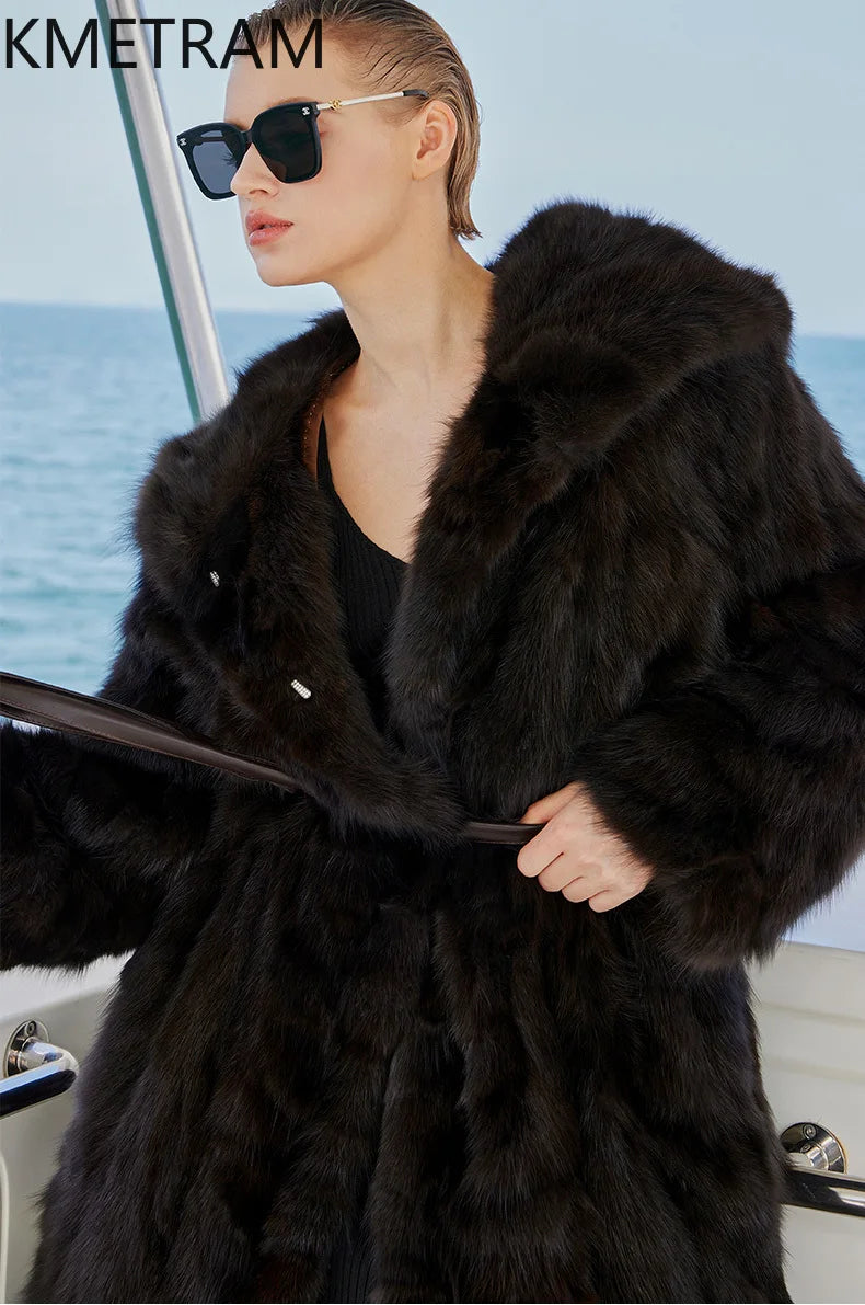 100% Natural Sable Fur Jacket Woman High Quality Long Real Fur Coat with Hood Winter Coats Women Clothing 2025 шуба женская Badiee Stylez