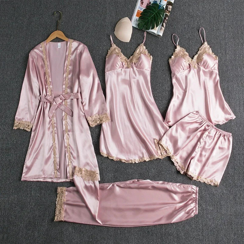 5-piece Set of Women's Sleepwear Sexy Silk Nightgown Lace Satin Nightgown V-neck Vest Breathable Comfortable Women's Nightgown
