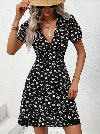 New Summer Women's Elegant Floral Printed Dress Casual Vacation Sweet V Neck Puff Sleeve Dresses