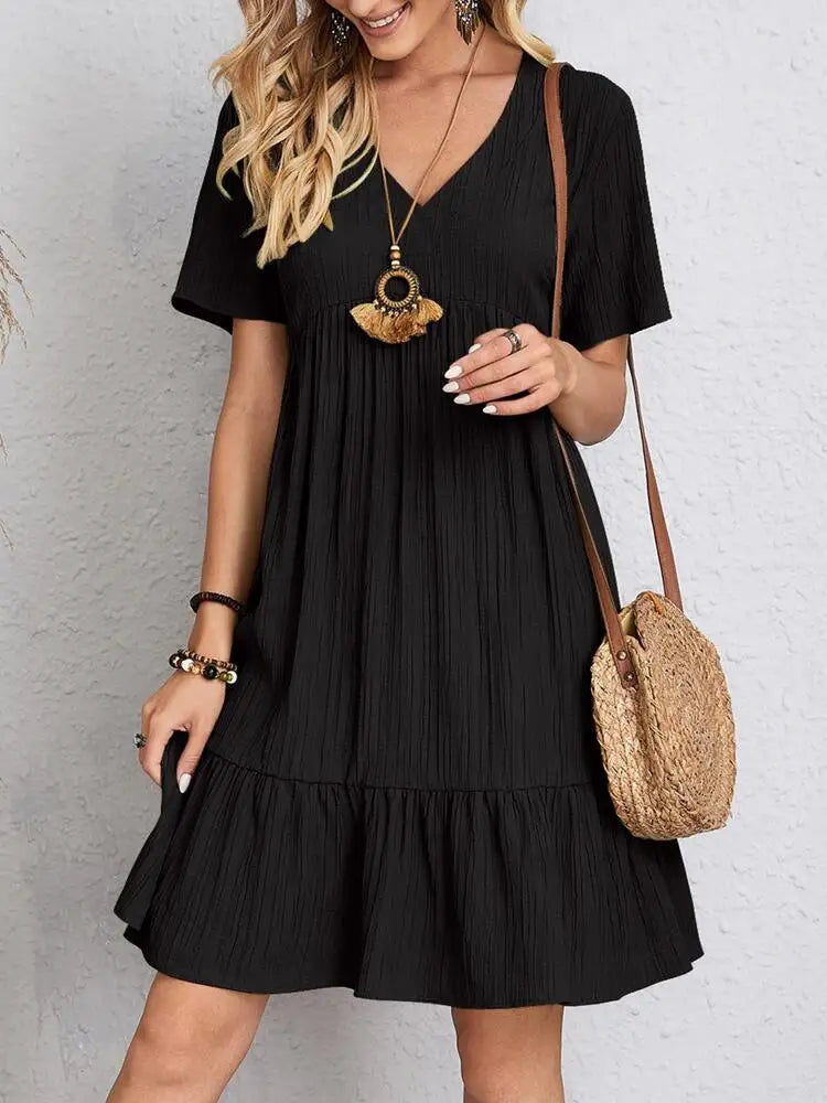Women Elegant Short Sleeve V Neck Ruffles Dress Summer Casual Solid Loose Mini Dress Chic Bohemian Sundress Beach Party Vestidos Badiee Stylez