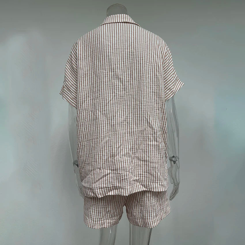 Hiloc Elegant Cotton Stripe Shorts Suits Pajamas Summer Short Sleeve Blouse With Elastic Waist Shorts 2 Piece Sets Home Outfits