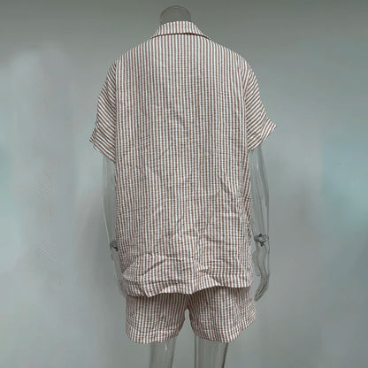 Hiloc Elegant Cotton Stripe Shorts Suits Pajamas Summer Short Sleeve Blouse With Elastic Waist Shorts 2 Piece Sets Home Outfits