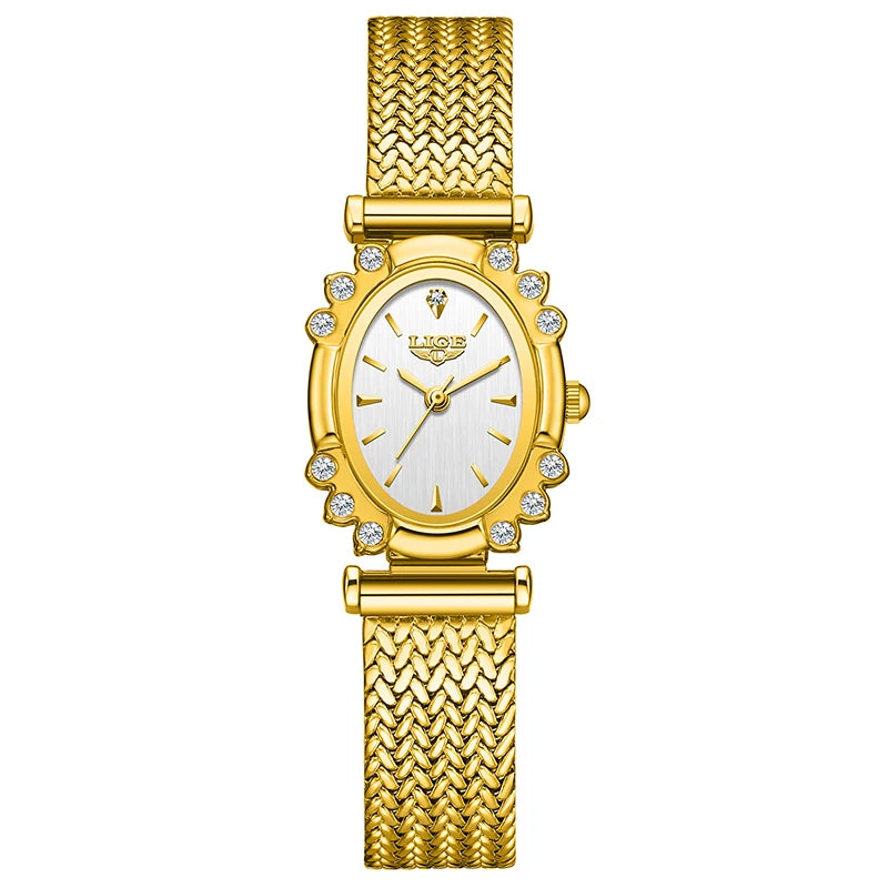 LIGE 2025 New Gold Square Watch For Women Simple Fashion Waterproof Quartz Ladies Watches Ultra-Thin Mesh Women's Bracelet Watch gold white