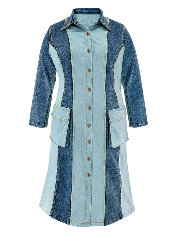 Wmstar Plus Size Denim Dresses Women Long Sleeve Casual Button Pockets Striped Maxi Dress Fall Clothes Wholesale Dropshipping