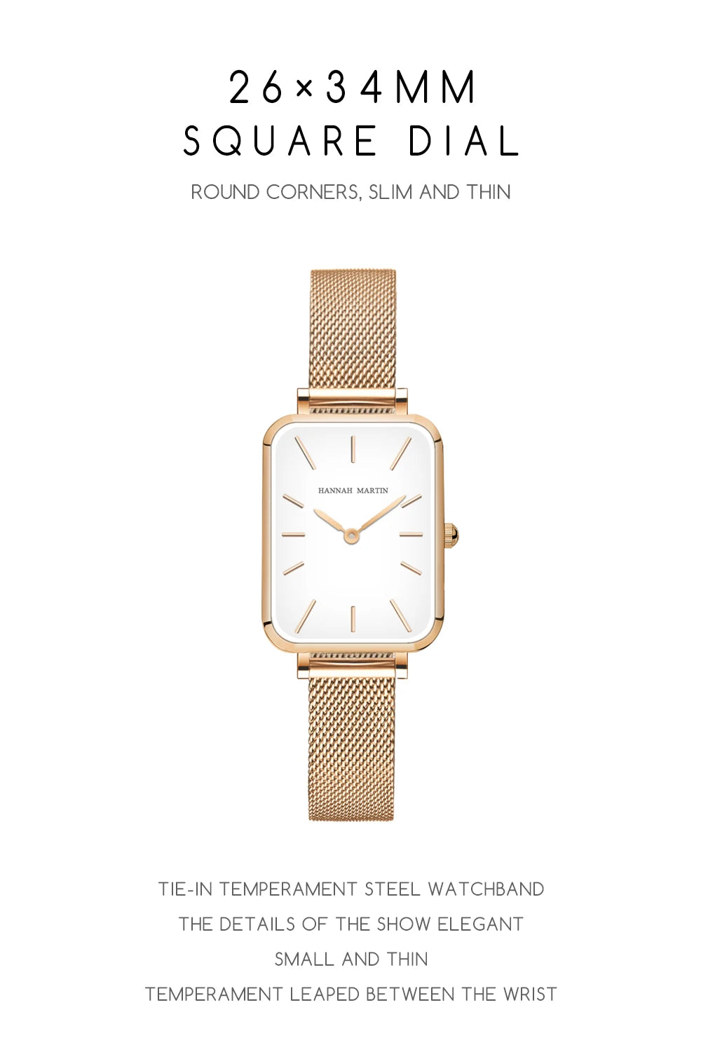 Square Women Stainless Steel Mesh Strap Watch Fashion Japanese Movement Rose Gold Simple Leisure Fashion Hannah Martin Watches