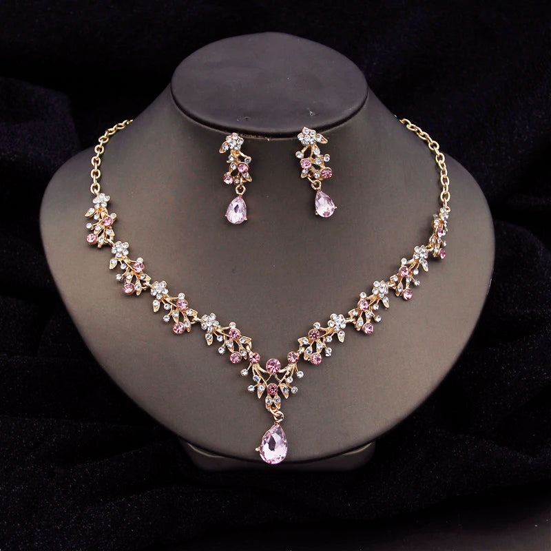 Gorgeous Crystal Fashion Jewelry Sets for Women Luxury Choker Necklace Earrings Prom Wedding Dress Bridal Necklace Sets Pink