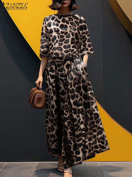 2PCS Vintage Women Matching Sets Leopard Print Tracksuits Autumn Trousers Suit ZANZEA Casual O Neck 3/4 Sleeve Blouse Pant Sets Badiee Stylez
