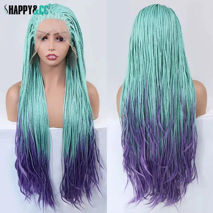 Ombre Blue Box Braided Wigs for Women 26inch Knotless Goddess Box Braid Lace Front Wig Colored Crochet Braid Synthetic Wig Ombre green purple 26inches 13x3 Lace Front