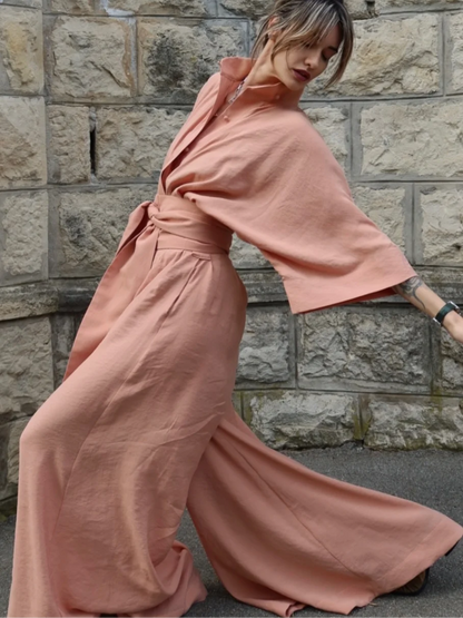 Linen Lace Up Women's Jumpsuit High V-neck Full Sleeve Top Loose Straight-leg Pants 2025 Summer Chic Female Casual Streetwear