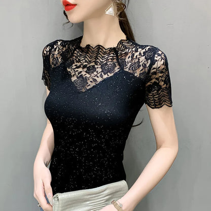 Summer Women Tops Patchwork Bright silk Mesh T shirt Pathcwork Short Sleeve Lace Shirt