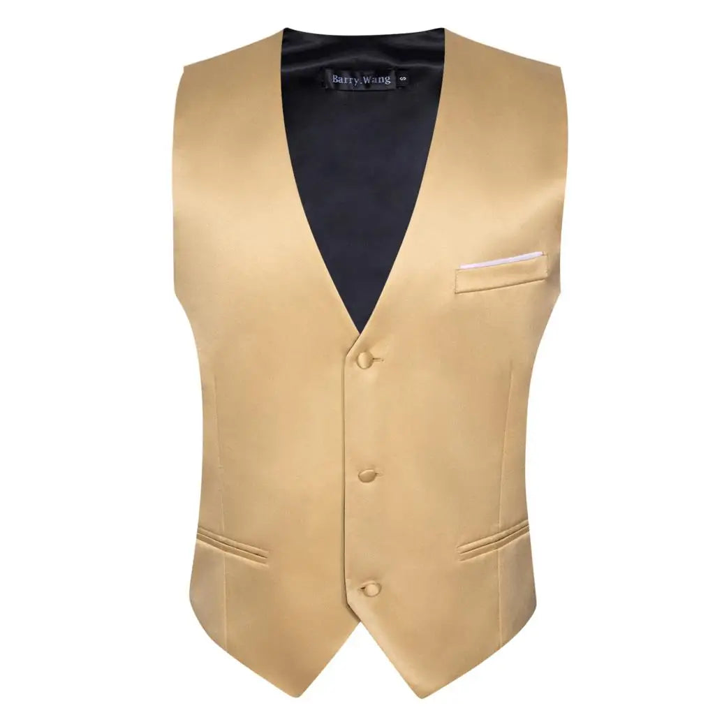 Luxury Vest for Men Gold Solid Silk Satin Waistcoat Bowtie Tie Set Sleeveless Jacket Wedding Formal Male Gilet Suit Barry Wang