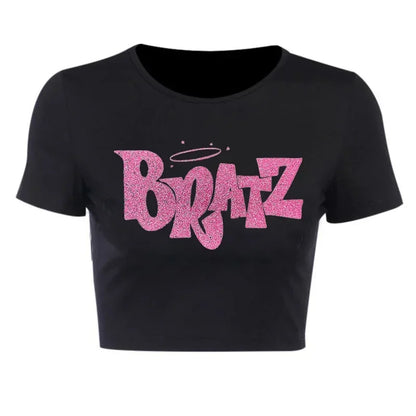 Streetwear 90s Summer New Y2k Women's Clothing Bratz Letter Printing Black Crop Tops O-neck Vintage Casual Short Sleeve T-shirts 30069-black-luqiz