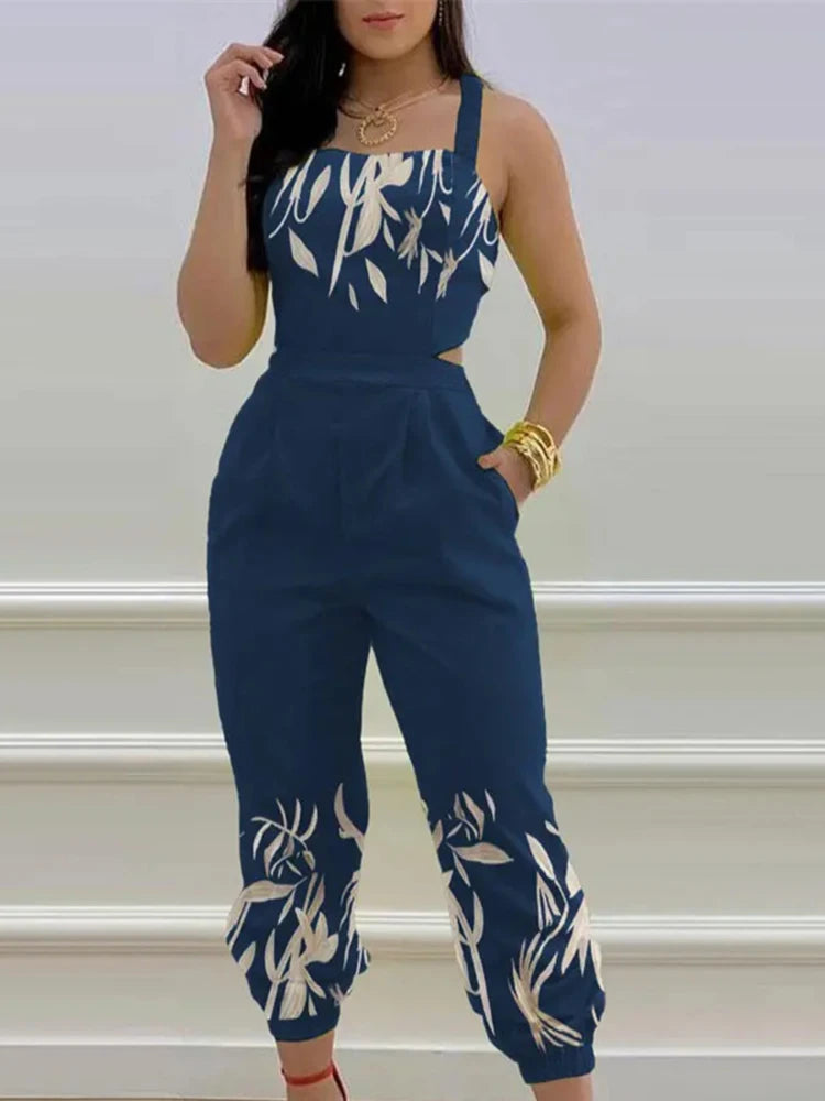 New Summer Fashion Printed Sleeveless Jumpsuit Sexy Hollow Backless Lace Up Long Jumpsuits Elegant Casual Jumpsuit With Pocket Badiee Stylez