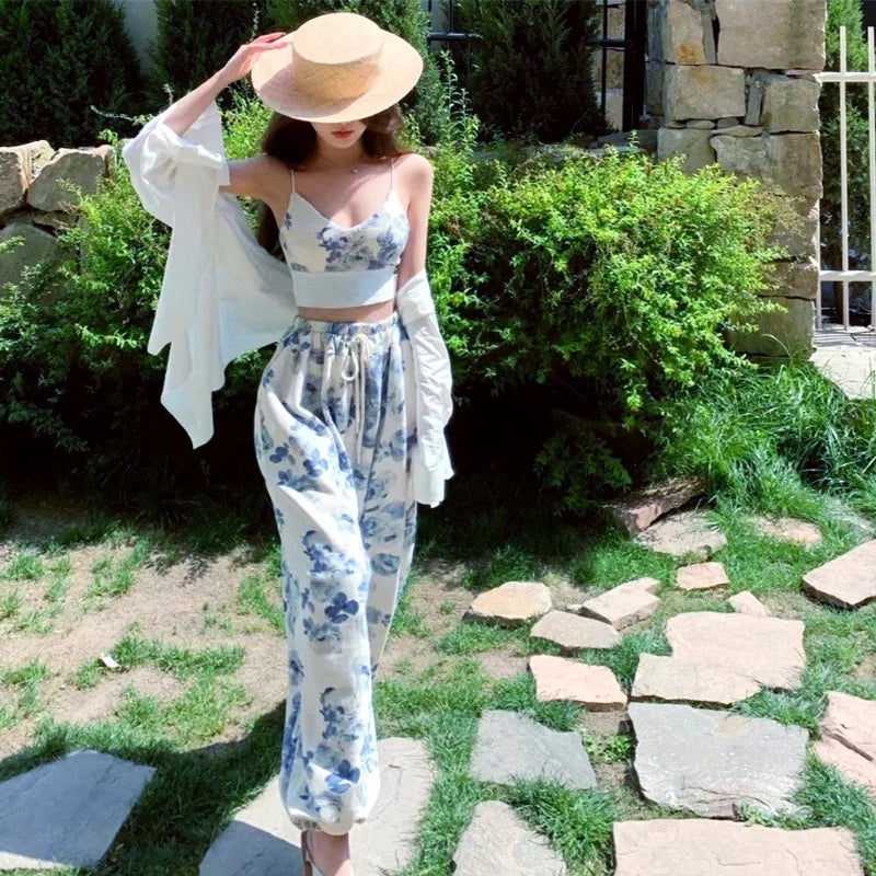 Women Floral 2 Piece Pant Sets Sleeveless Camisole Tops + Elastic Waist Loose Long Pants Outfits Summer Casual Streetwear Blue One Size